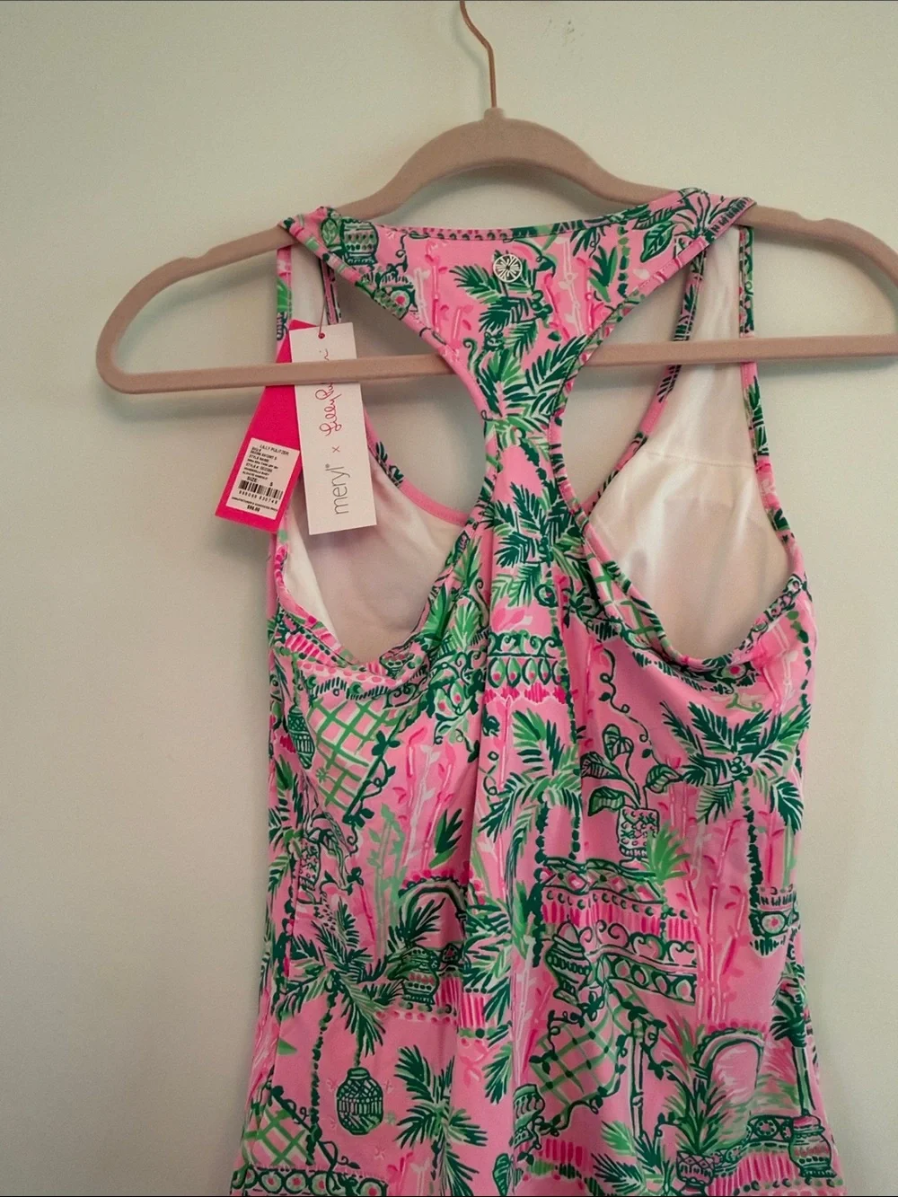 Lilly Pulitzer Hot Pink & Kelly Green Tropical Racerback One-Piece - Picture 3 of 5